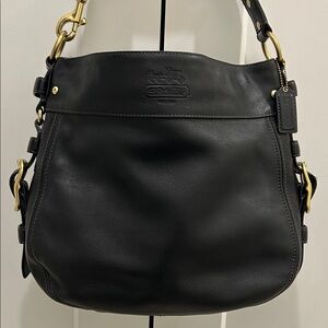 Coach Zoe Hobo Black Leather Shoulder Bag with Gold Accents